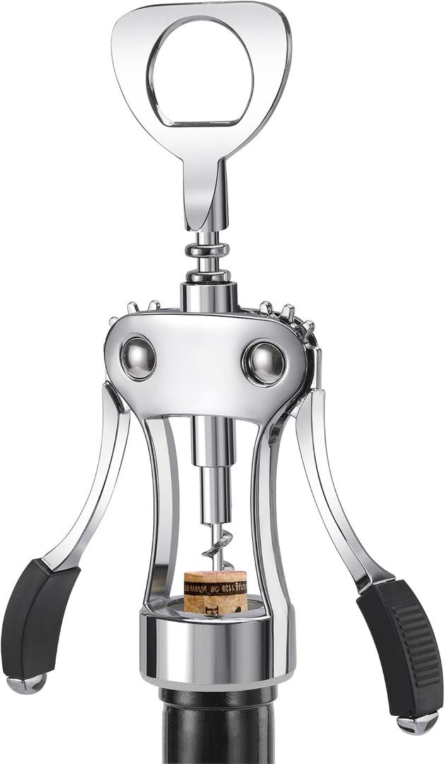 Wine Opener, Heavy-Duty Zinc Alloy Wing Corkscrew, Premium Beer Bottle Opener, Multifunctional Wine Accessories with Ergonomic Handle and Sharp Screw, for Kitchen, Bar, Restaurant (SILVER)