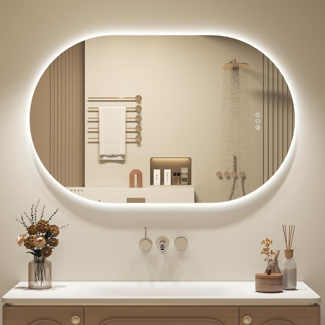 OKPAL Backlit Oval Lighted Bathroom Mirror with Lights, 40 x 30 Pill-Shaped LED Vanity Mirror for Wall, Anit-Fog, Dimmable, Memory Function, Shatterproof, UL (Horizontal/Vertical)