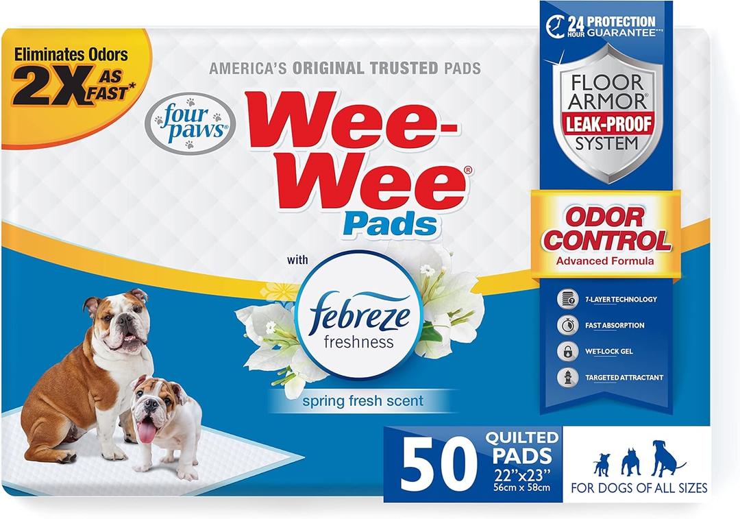Four Paws Wee-Wee Odor Control with Febreze Freshness Pee Pads for Dogs & Puppies, Leak-Proof Dog Housebreaking Potty Training Floor Protection, Spring Fresh Scent, 22" x 23", 50 Count (White) Four Paws Wee-Wee Odor Control with Febreze Freshness Pee Pads for Dogs & Puppies, Leak-Proof Dog Housebreaking Potty Training Floor Protection, Spring Fresh Scent, 22" x 23", 50 Count (White)