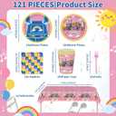 121PCS Girls Birthday Party Supplies - Pink Happy Birthday Cartoon Teacher Plates and Napkins Set with Tablecloth, Cups, Forks Disposable Girls Party Decoration for 24 Guests