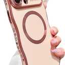 ZONRW for iPhone 15 Pro Case Magnetic,for Women Girls Soft Cute Wave Frame Curly Shape Love Heart Luxury Plating Phone Case Compatible with MagSafe Shockproof Back Cover 6.1"-Pink