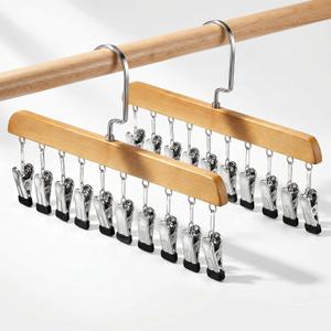 Novabright 2 Pcs Hangers with 10 Clips Organizers for Closet Scarf Pant Hat Hangers Wood Space Saving Rotating Non Slip Hanging Storage Closet Organizers for Jeans Leggings Socks Belt Bra Skirt (Wood)