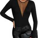 OYOANGLE Women's Slim Fit See Through Contrast Mesh Long Sleeve Tee Tops (Medium, Black)