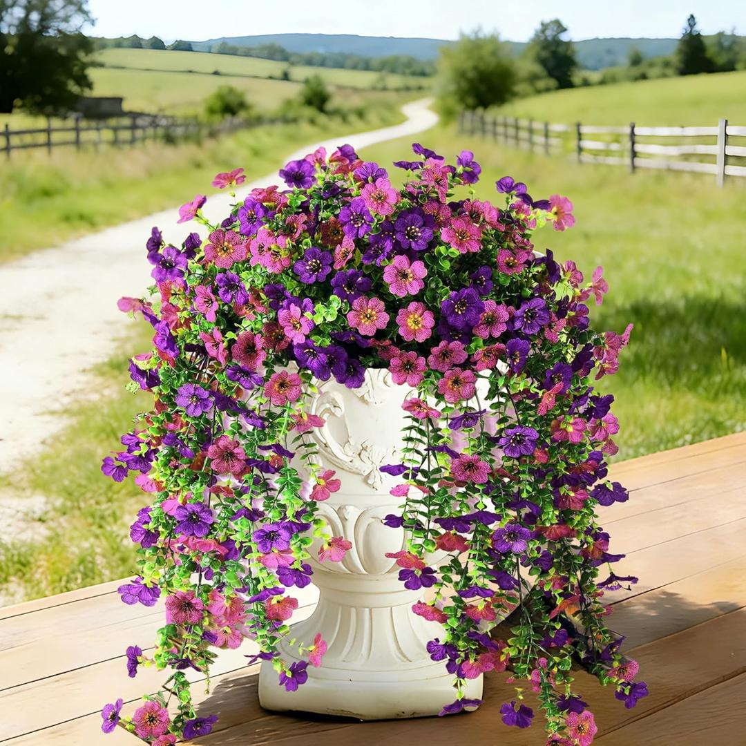 Senjie 4 Pcs Artificial Hanging Flowers for Outdoor Spring Decor, UV Resistant Fake Silk Faux Flowers Plants for Outside Porch Patio Balcony Planters