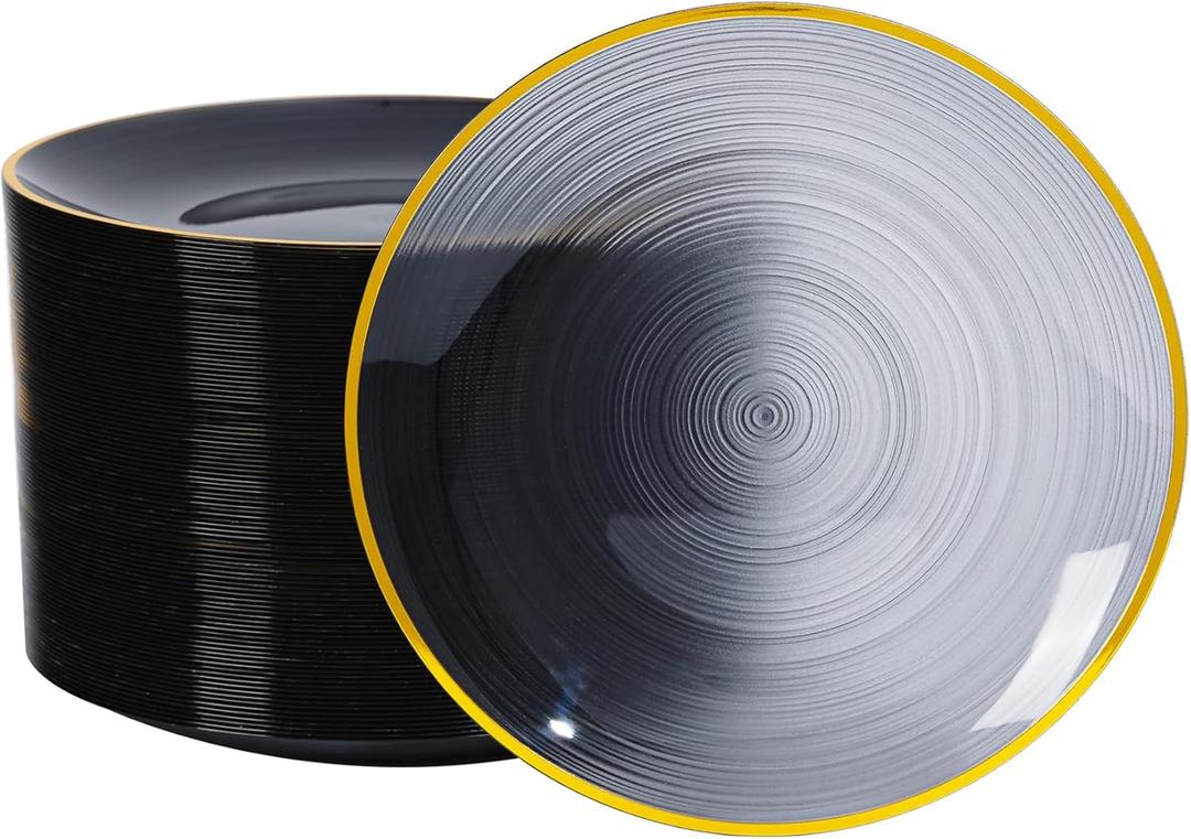 100 Piece Black Gold Plastic Plates, Disposable Heavy Duty Dessert Plates with Gold Rim, 7 in Round Salad Plates for Wedding Party