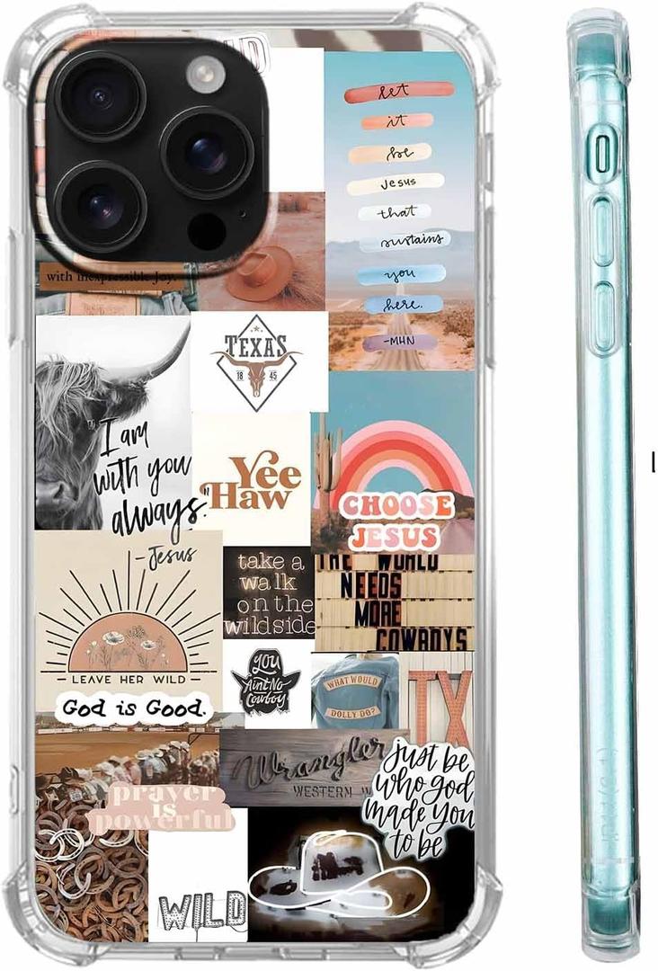 Jesus and Cowboy Case for iPhone 16 Pro Max,Christian Quotes and Western Cowgirl Collage,Trendy TPU Bumper Case for iPhone 16 Pro Max