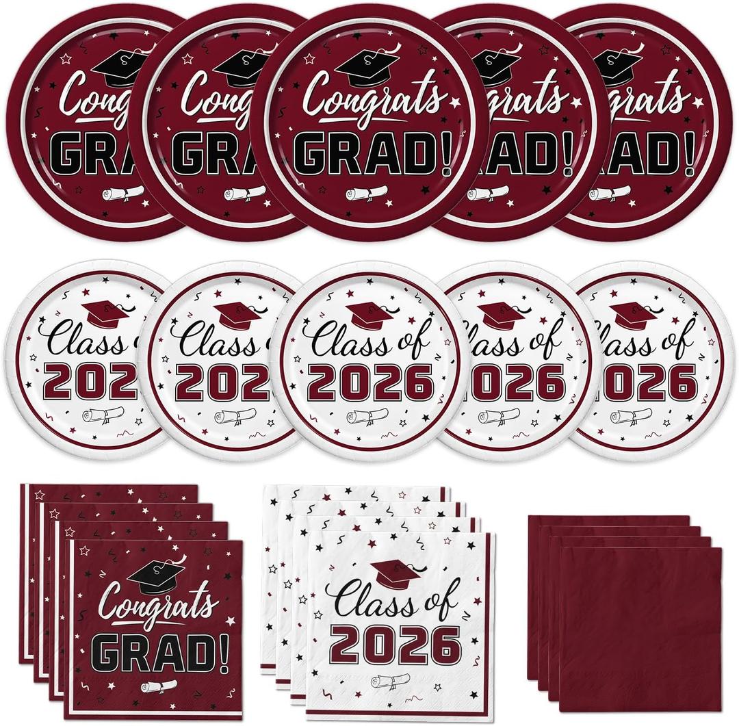 Graduation Maroon Party Supplies Kit Dinner Plates Dessert Plates and Napkins for Congrats Grad Party Decorations, Serves 50