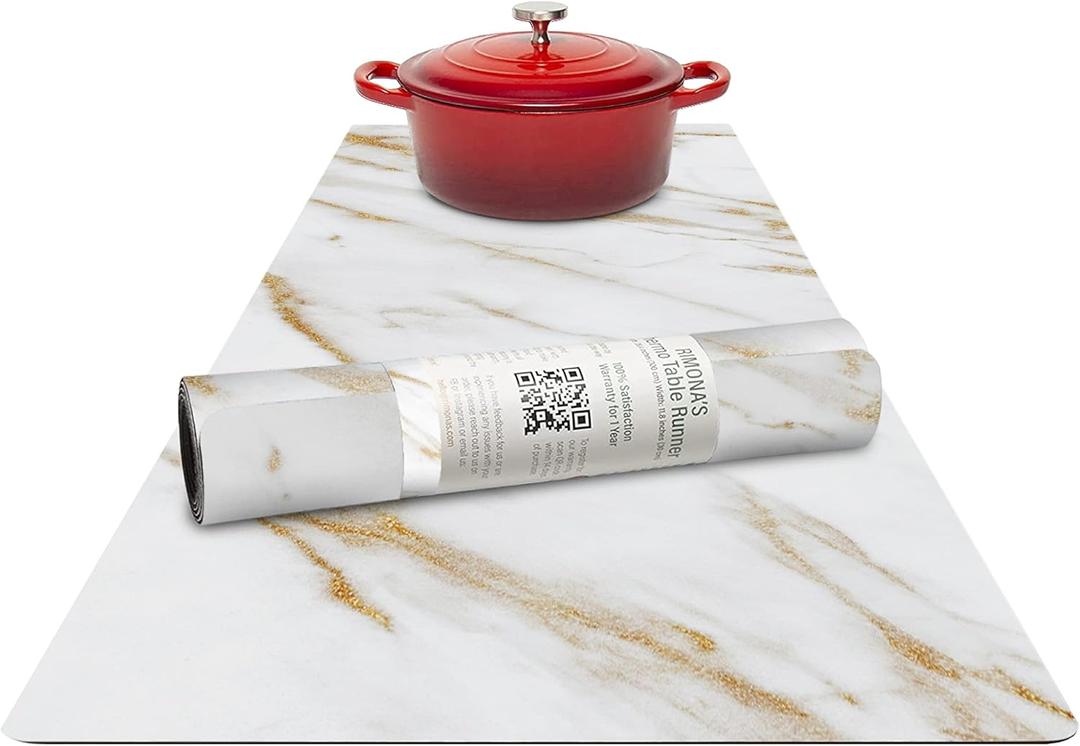 RIMONA'S Thermo Heat Resistant Table Runner and Trivet for Hot Dishes - Waterproof Hot Plates to Protect Table and Countertop - Kitchen & Dining 350F Heat Protector 40" - White Golden Marble
