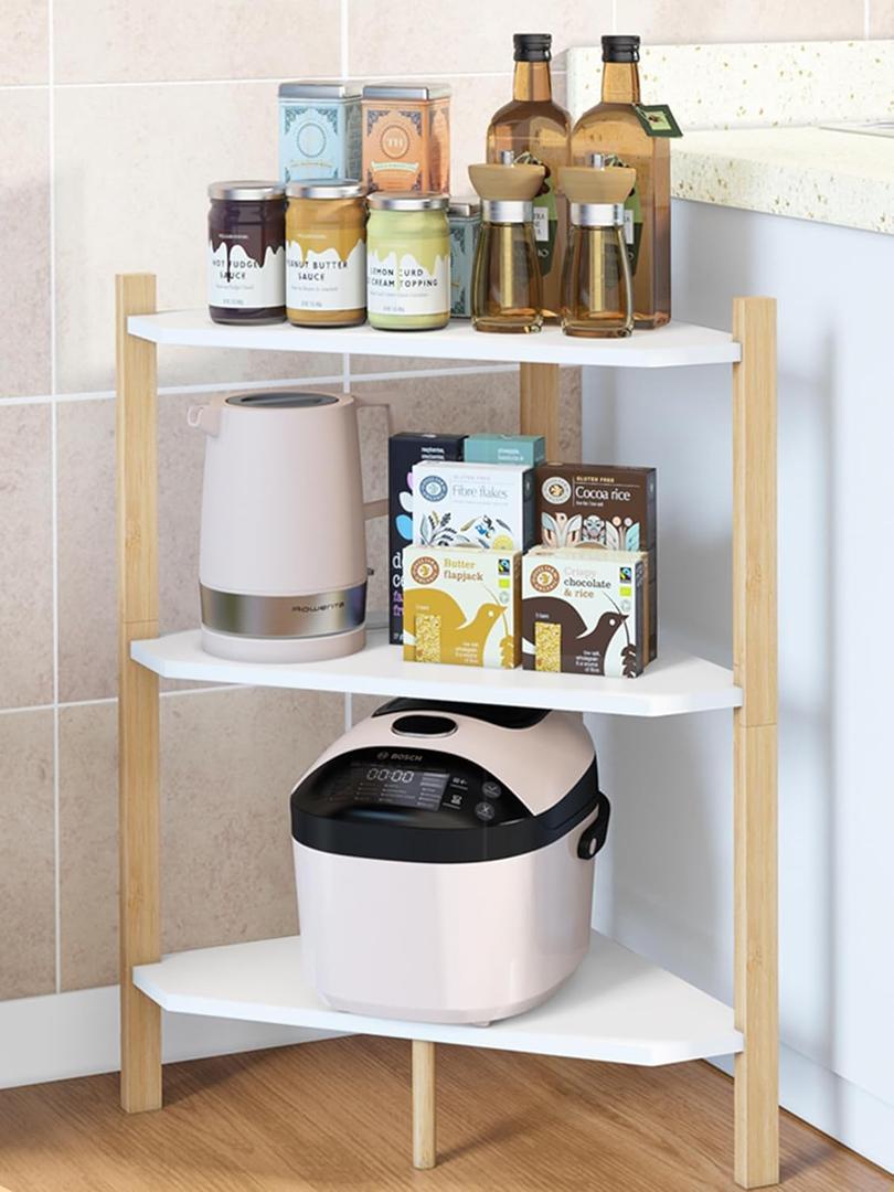 Wisuce Kitchen Counter Shelf Organizer - 3 Tier Spice Rack Free-Standing Bamboo Corner Shelf Countertop Organization (Nature-White)