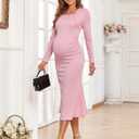2025 Fall Maternity Dress Faux Two-Piece Long Sleeve Square Neck Mermaid Bodycon Pregnancy Dresses Casual Baby Shower (Pink, XL)