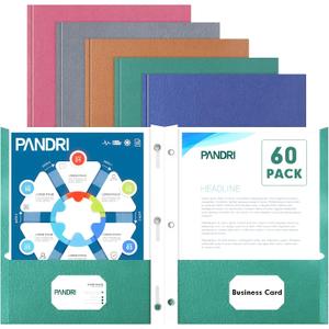 Two Pocket Folders, PANDRI 60 Pack Two Pocket Folders with Prongs, 2 Pocket 3 Prong Folders Designed for Office and Classroom, Letter Size, Assorted 5 Colors