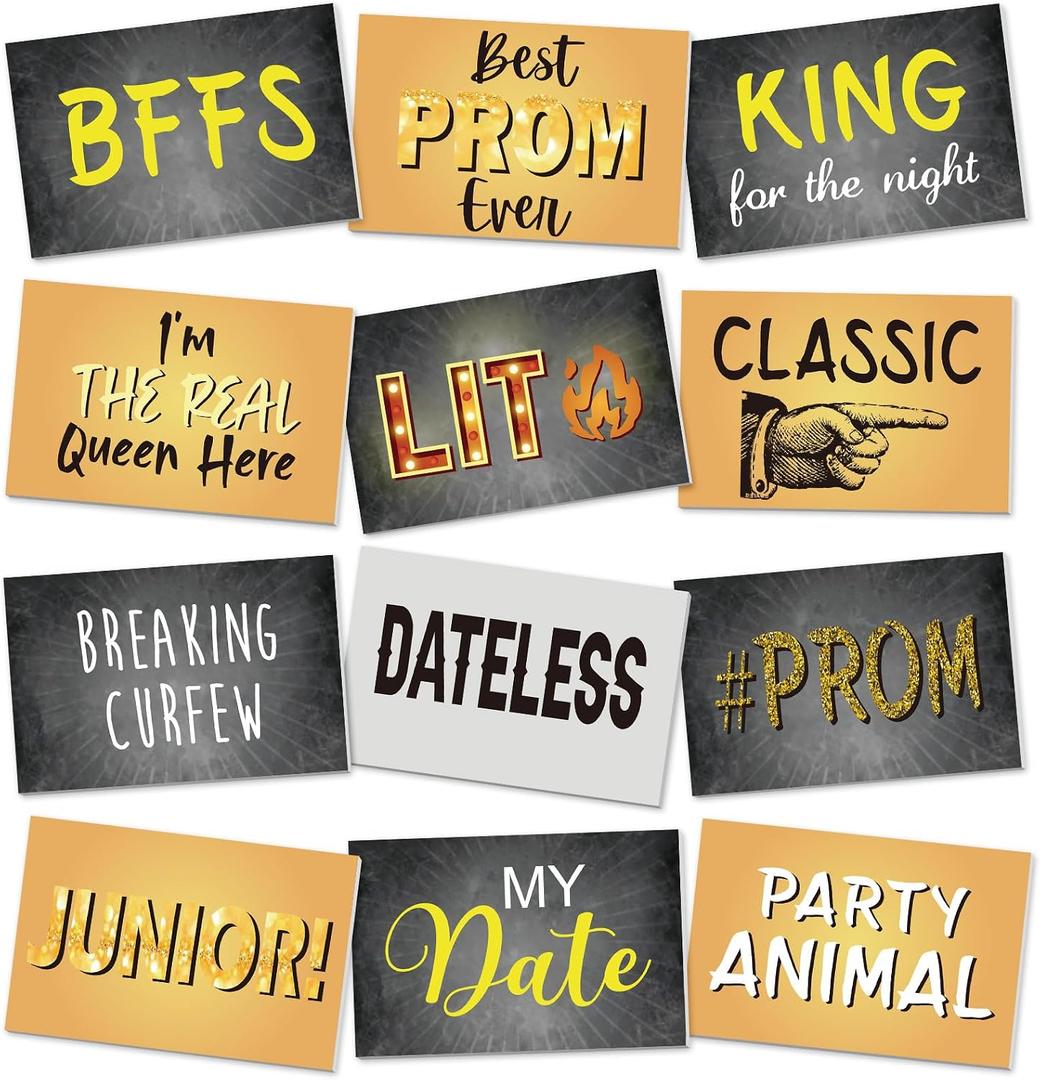 12 Pcs/24 Design Black Gold Prom Photo Booth Props Graduation Prom Night Backdrop Background Decor Double Sided for 80s Party Decor Dance 2026 Grad Party Supply Send Off PVC Congrat Grad Photo Booth