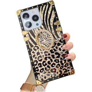 for iPhone 16 Pro Max Case Bling Luxury Trunk Box Design Gold Glitter Sparkles Cute Leopard Pattern Soft Cover with Ring Kickstand Holder for Women Girls Phone Skin