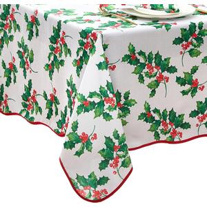 Elrene Home Fashions Vintage Holly Scalloped Edge Border Christmas/Holiday Wrinkle Resistant Rectangle Dining Tablecloth, 60"x84"