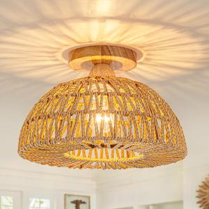 Boho Ceiling Light Fixtures,Rattan Light Fixture,Small Boho Chandelier Hand Woven Ceiling Light with Wooden Base,Rattan Flush Mount Ceiling Lights for Bedroom Hallway Kitchen Entryway Nursery