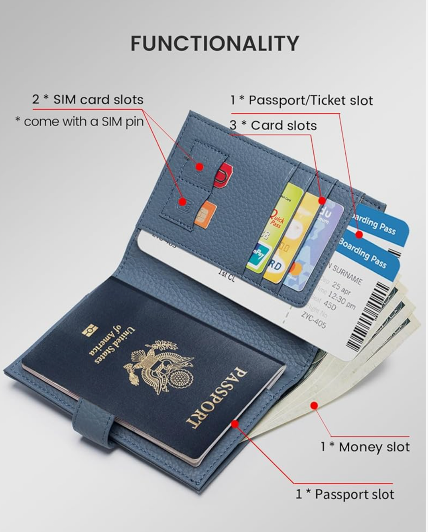 RFID Slim Passport Holder for Man & Women, Compact Leather Passport Wallet with Card Holders SIM Slots, Zippered Coins Pocket and Cash Holder Travel Passport Cover Case, Dark Blue