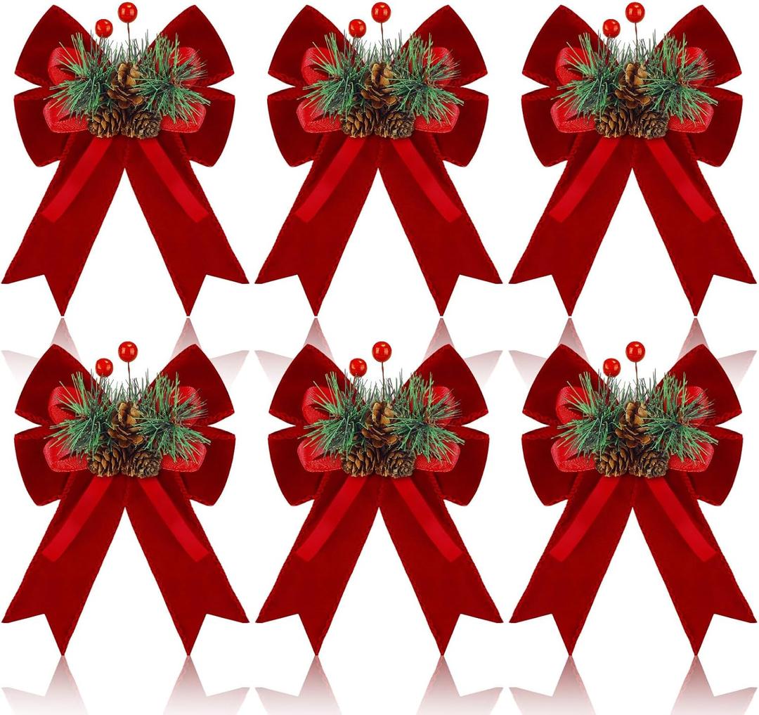 Syhood 6 Pcs Christmas Velvet Bow with Pine Cones Pine Needles Berries Xmas Wine Red Ribbon Bow Ornaments 6.3 x 5.1 Inch for Christmas Tree Wreath Garden Fireplace Crafts DIY Decor
