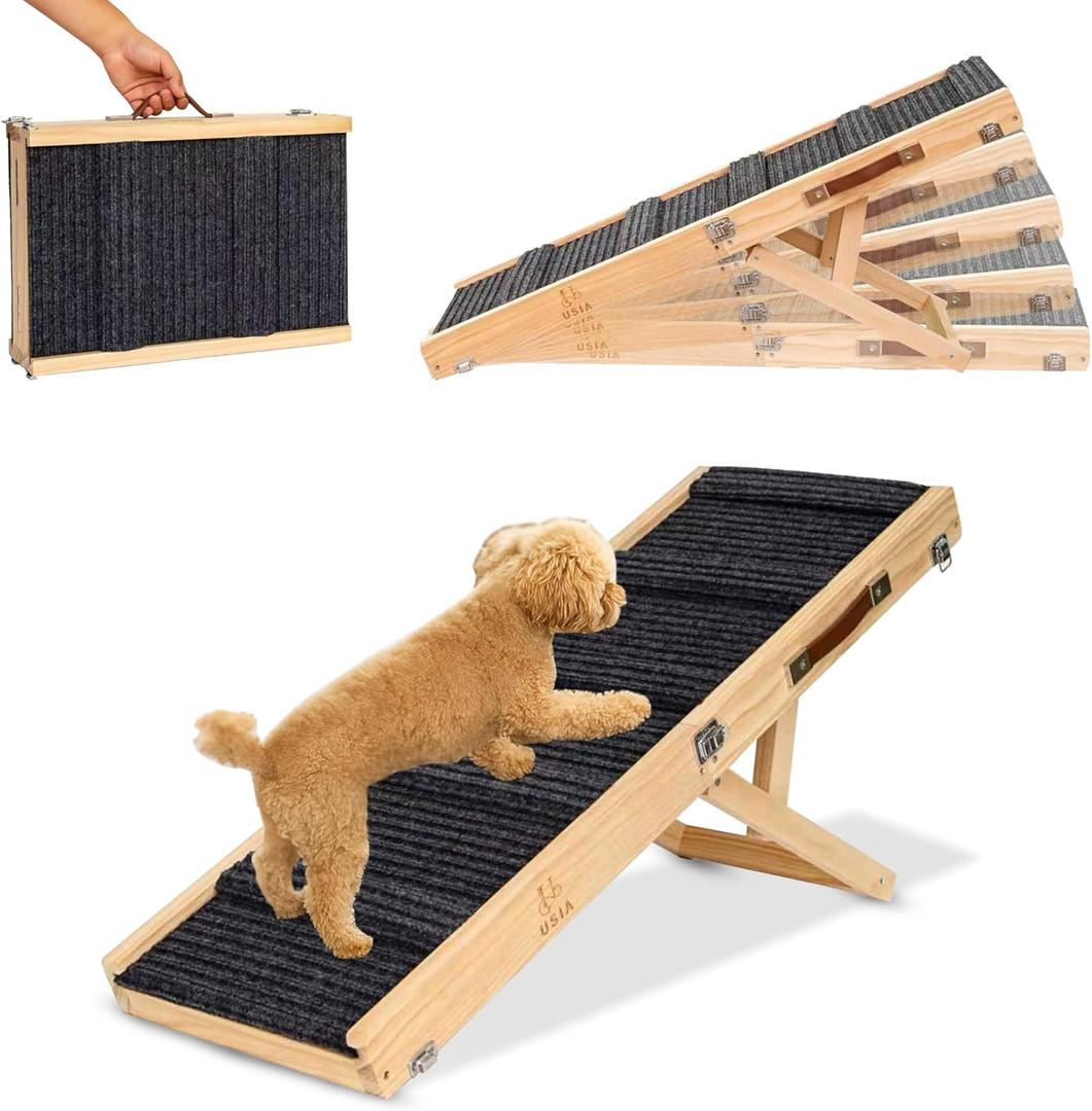 Upgraded 2026 Adjustable Dog Ramp 34.65" Foldable Pet Ramp with 5 Heights 13.621.5", Non-Slip Carpet & Leather Handle  Ramp for Bed, Couch & Sofa