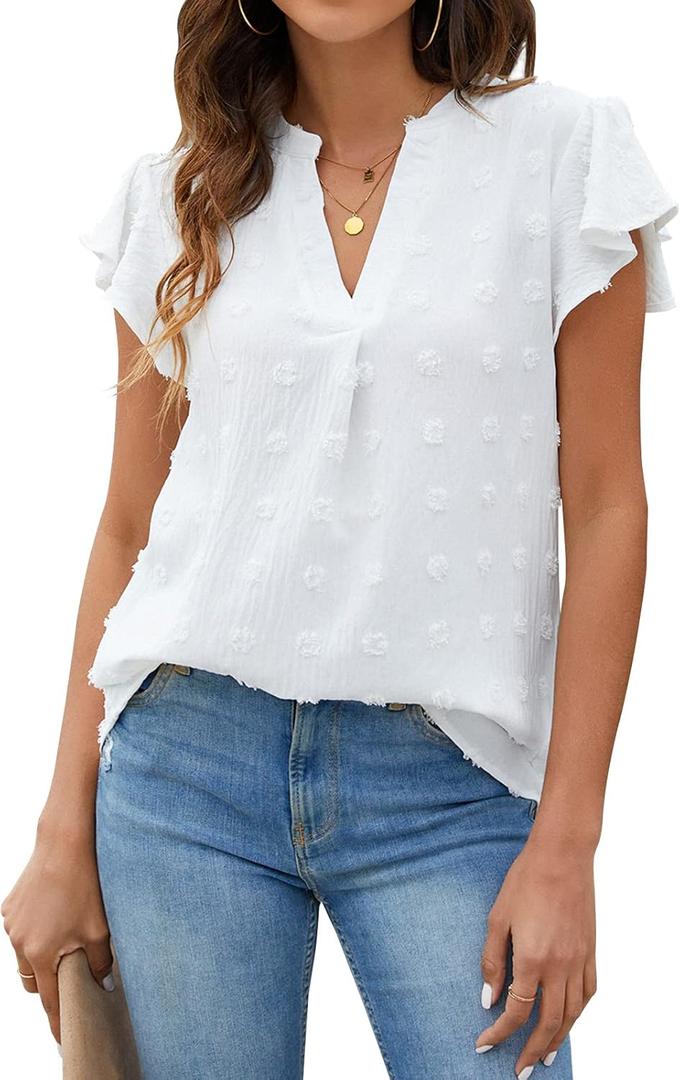 Blooming Jelly Womens White Blouse V Neck Ruffle Sleeve Flowy Shirts Dressy Casual Cute Summer Tops (X-Large) Blooming Jelly Womens White Blouse V Neck Ruffle Sleeve Flowy Shirts Dressy Casual Cute Summer Tops (X-Large)
