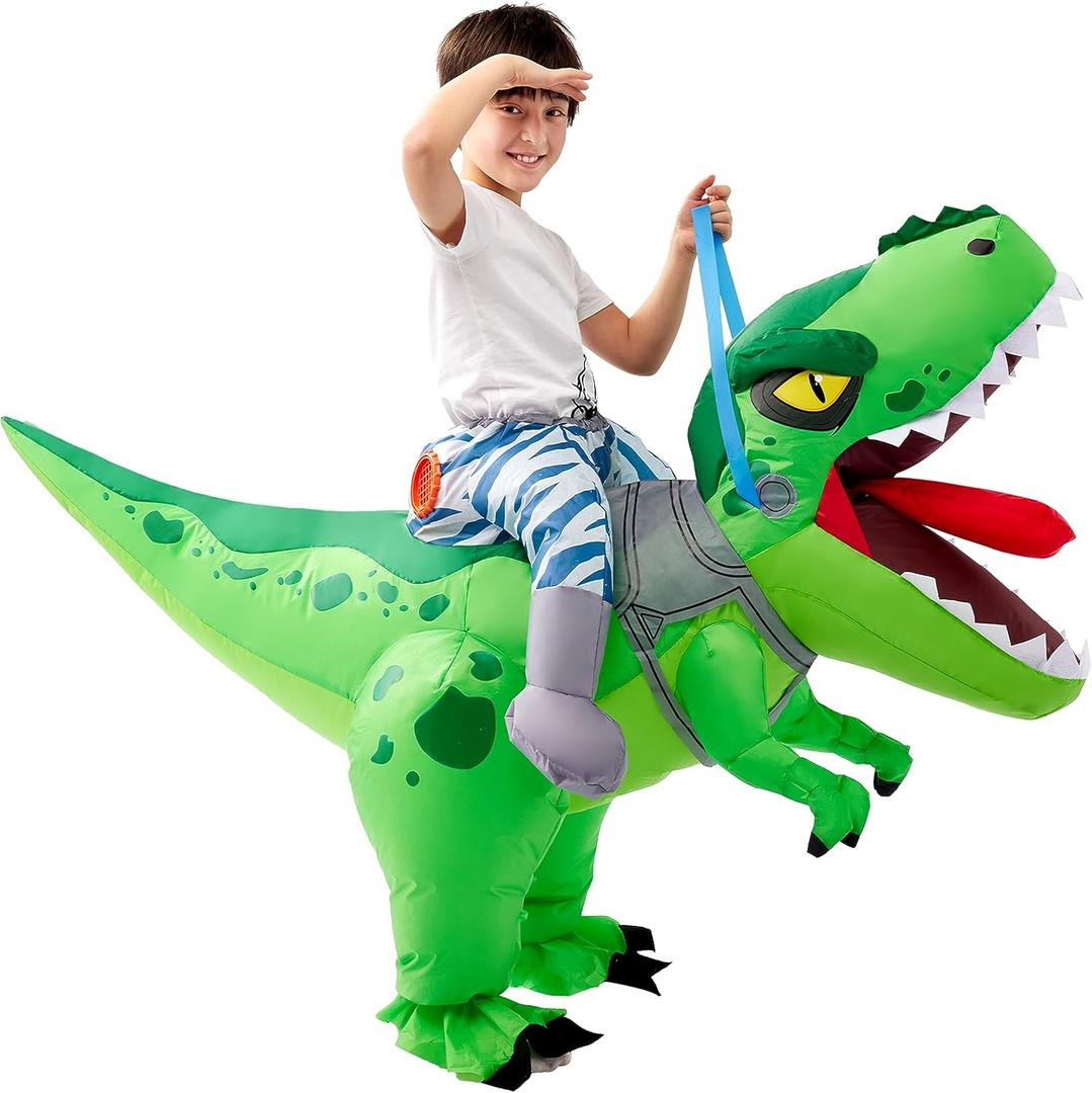 Spooktacular Creations Inflatable Costumes for Kids, Tyrannosaurus Air Blow Up Costumes, Riding a Dinosaur Costume (Green, Child 7-10 Years Old)