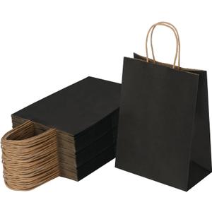 Joybe 50 Pack 6x3.25x8 Inch Small Black Paper Bags with Handles Bulk, Kraft Paper Gift Bags for Birthday Party Favors Grocery Retail Shopping Business Goody Merchandise Craft Blank Sacks (50pcs)
