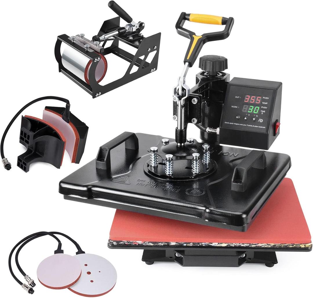 Slendor 5 in 1 Heat Press Machine 12x15 inch 360-Degree Swing Away Digital T Shirt Pressing Machine Multifunction Heat Transfer Sublimation Combo for T Shirts Mugs Hat Plate Cap