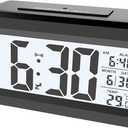 Upgraded Digital Alarm Clock, 4.3" LED Display with Temperature Larger Lound Light Control Portable Snooze Calendar Brightness with Battery Powered Alarm Clocks Bedside for Everyone (Black)