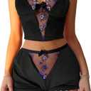 Verdusa Women's 2 Piece Floral Mesh Velvet Pajama Set Crop Camisole Tops with Micro Shorts Nightwear (S)