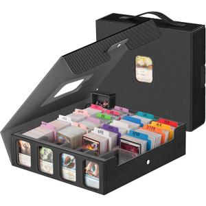 3200+ Trading Card Storage Box with Commander Display, 4 Row Card Deck Box with Portable Handle, Compatible for TCG/MTG/Magic Cards, 30 Colorful Divider, 8 Supporters, US Design Patent (Black&Grey)