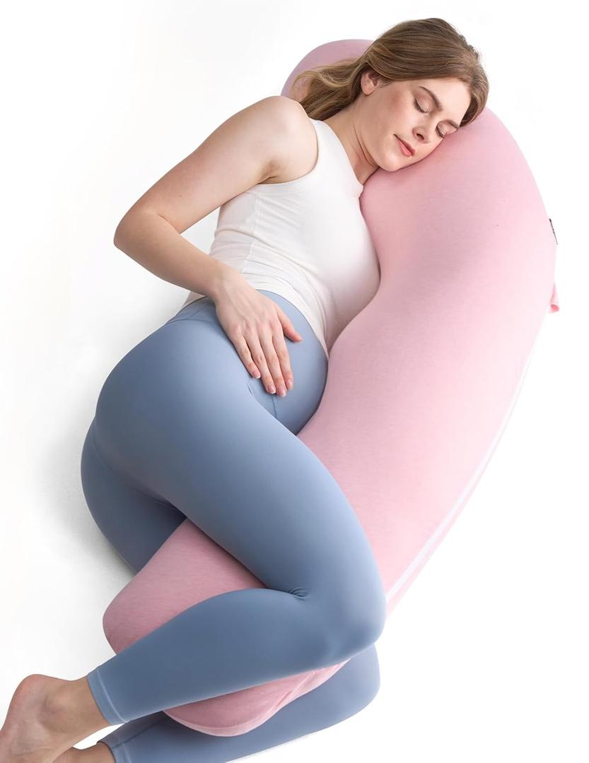 Momcozy Body Pillow for Pregnancy, J Shaped Pregnancy Pillows for Side Sleeping, Soft Maternity Pillow with Jersey Cotton Cover for Head Neck Belly Support, Pink 
