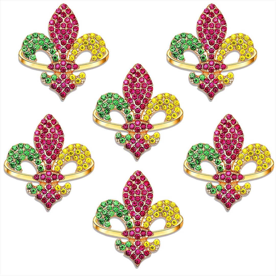 Heart Napkin Rings Set of 6, Valentines Day Rhinestone Glitter Enamel Heart Napkin Holder Ring for Table Setting, Holiday Wedding Birthday Party Serviette Buckles Decor (Mardi Gras 1)