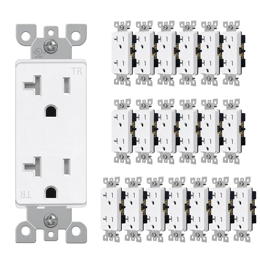 CML 20 Amp Matte White Decorator Receptacle Outlet with Tamper Resistant (TR), 20 Pack Decor Standard Electrical Outlets, 20A/125V, 2-Pole 3-Wire, UL Listed