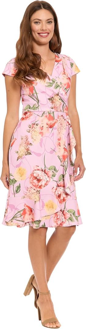 London Times Women's Women's Short Sleeve V-Neck Wrap Dress - Knee Length Fit & Flare Wedding Guest Dresses 4