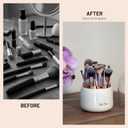 Rotating Makeup Brush Holder with Lid  Dustproof Vanity Organizer for Makeup Brushes, Bonus Foldable Makeup Brush Cleaner Bowl Included, Elegant White Storage Solution