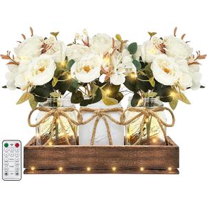 HOMECOR Mason Jar Centerpiece Table Decor for Dining Room - Table Decorations with Farmhouse Wood Tray and Remote Control LED Fairy Lights for Coffee Table Home Decor Living Room Wedding