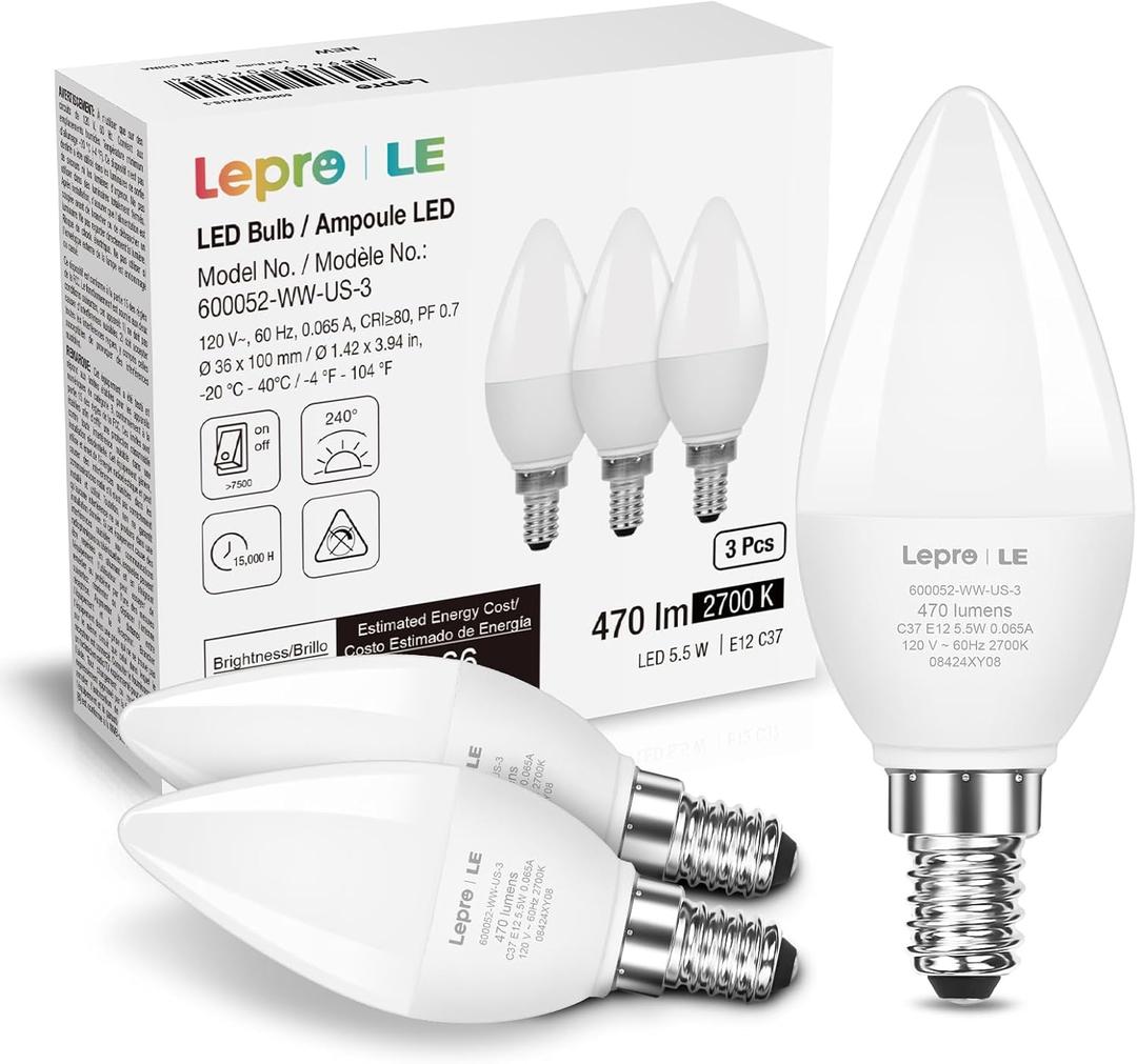 Lepro E12 LED Candelabra Light Bulbs, 5.5 watt, 40 watt Equivalent C37 B11 Ceiling Fan Bulb Chandelier Bulbs, 2700 Kelvin Warm White Type B Small Base Candle Lights, Frosted Plastic Shell, 3-Pack