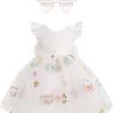 ODOLDI Kids Girls Wedding Flower Girl Dress Flutter Sleeve Embroidered Strawberry Pattern Mesh Tutu Dress with Bowknot (3T, White)