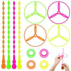 Sotiff 100 Sets Flying Disc Toys Twisty Pull String Flying Saucer Bulk Pull Helicopter Toy Twist Disc Flyer Saucers with Launcher Rings and Twist Sticks for Kids Party Favor Prizes, 4 Random Color