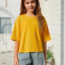 ZDC Girls T Shirts Short Half Sleeve Crew Neck Drop Shoulder Loose Fit Summer Crop Tops 5-14 Years (Yellow)