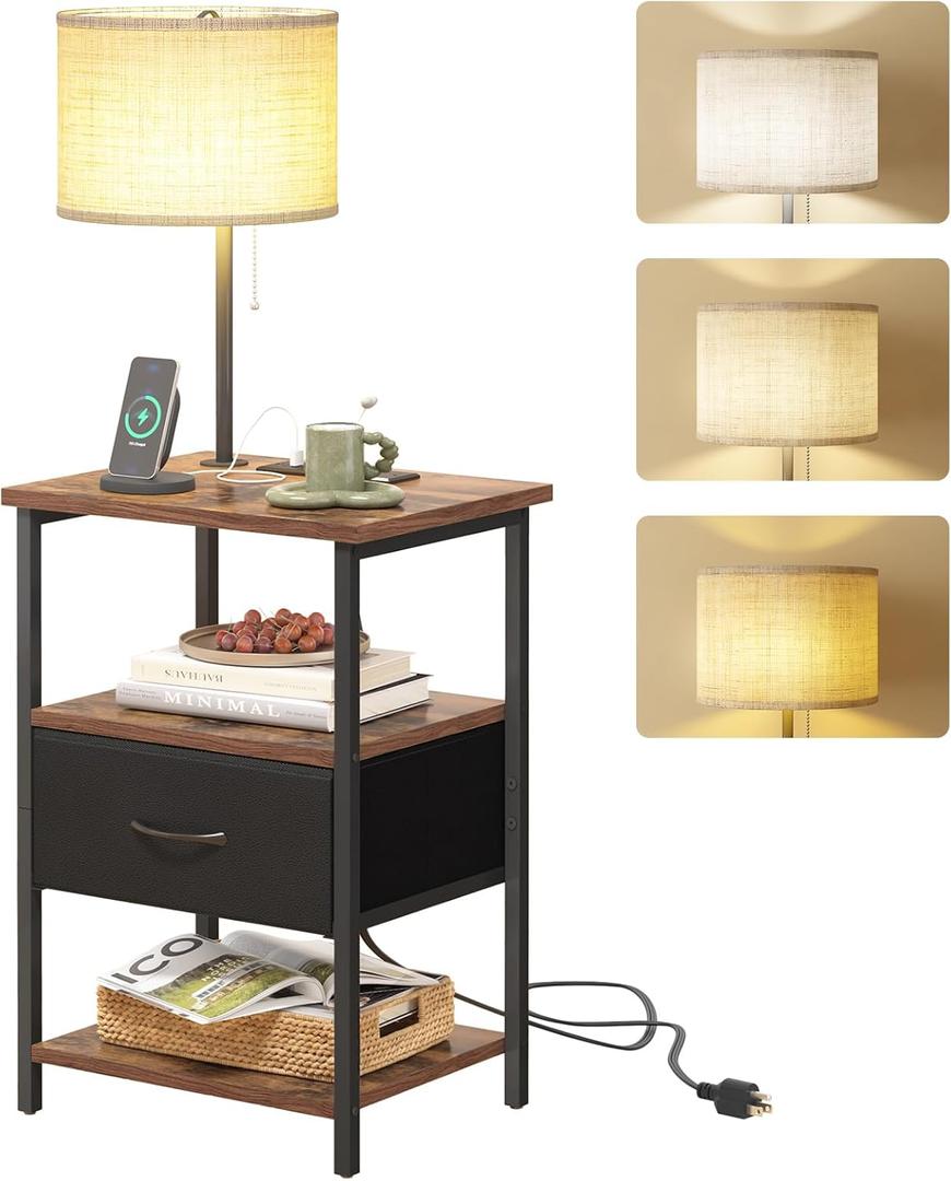 Fixwal Nightstand with Lights Bedside Table with 3 Color Temperatures Bulb, Night Stand with Charging Station End Table with Adjustable Fabric Drawer for Bedroom Dorm (Rustic Brown & Black)