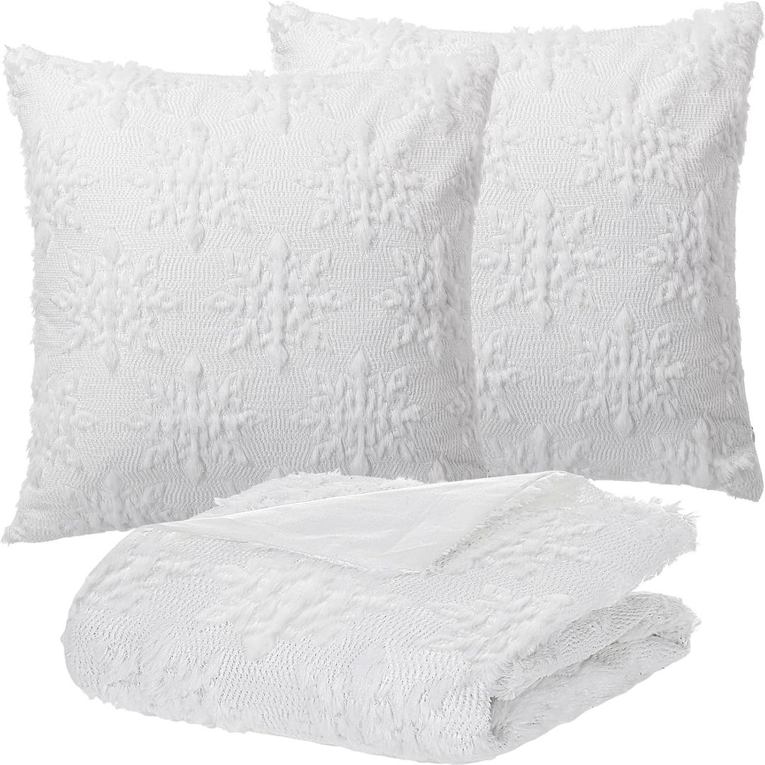 Tudomro Christmas Throw Blanket & Pillow Cover Set,White Plush Set of 3, Modern 3D Snowflakes Pattern 50x60 Inch Throw Winter Holiday Blanket for Xmas Sofa Couch Bed Home Decor Warm Gift