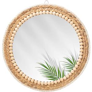 15 Inch Boho Round Hanging Wall Mirror Decorative Rattan Circle Wall Mounted Mirror for Farmhouse, Living Room, Bedroom, Bathroom, Boho Nursery Decor for Girl