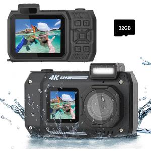 33FT Underwater Camera 4K 30FPS Waterproof Digital Camera with Dual Screens Selfie Built-in 2500 mAh Battery for Snorkeling,Novice Photographer,Black