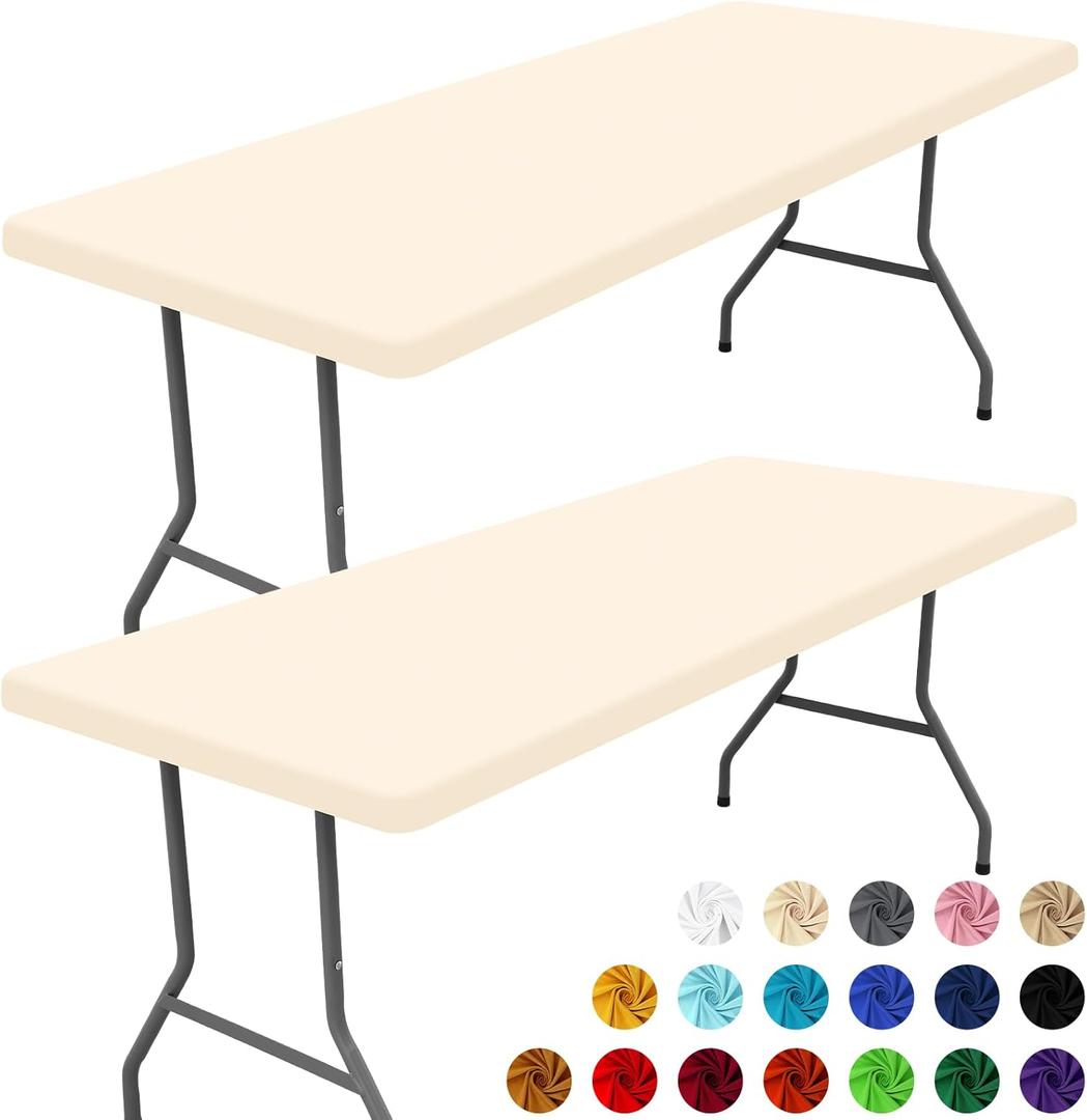 Moosfor Spandex 6 Foot Rectangle Table Cloth 2 Pack, Elastic Fitted Tablecloths for Picnic, Stretch Washable Patio Table Cover for Outdoor, Camping, Banquet and Parties (Champagne, 30"x72")