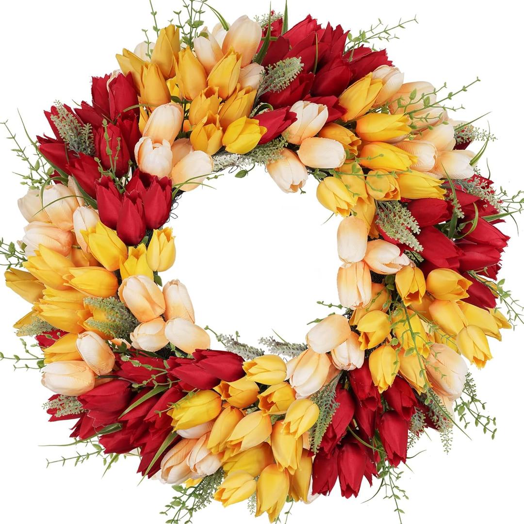 Vlorart Tulip Wreath for Front Door, 23 Inch Artificial Spring Summer Wreaths for Outside All Season with Green Leaves and Red Flowers, Door Wreath for Farmhouse and Wedding Party Outdoor Decor