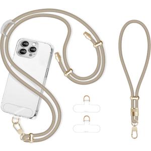 Cell Phone Lanyard Adjustable Crossbody Phone Lanyard *1 Phone Wrist Strap *1 with Deluxe Gold Matal Buckle + Clear Tether Tabs *2 for Shopping Travelling Hiking(KHAKI)