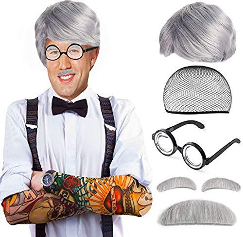 Beelittle Old Man Costume Mad Scientist Wig Set Albert Einstien Ben Benjamin Franklin Grandpa Costume (Gray)