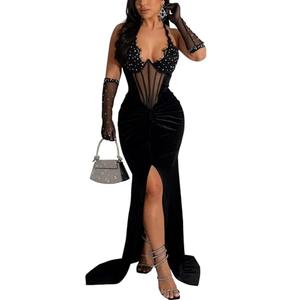 Jigfar Women's Sexy Elegant Rhinestone Mesh See Through Sleeveless Split Bodycon Maxi Dress (F6801, Black, XXL)