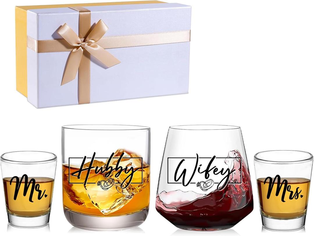 JOVGANK Wedding Gifts for Couples 2026, Bridal Shower Gifts, His and Hers Glass, Mr and Mrs Shot Glass, Hubby and Wifey Gift, Anniversary Couples Gift for Bride and Groom