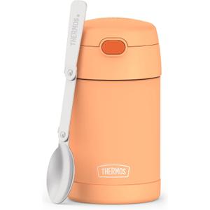THERMOS FUNTAINER 16 Ounce Stainless Steel Vacuum Insulated Food Jar with Folding Spoon, Neon Orange